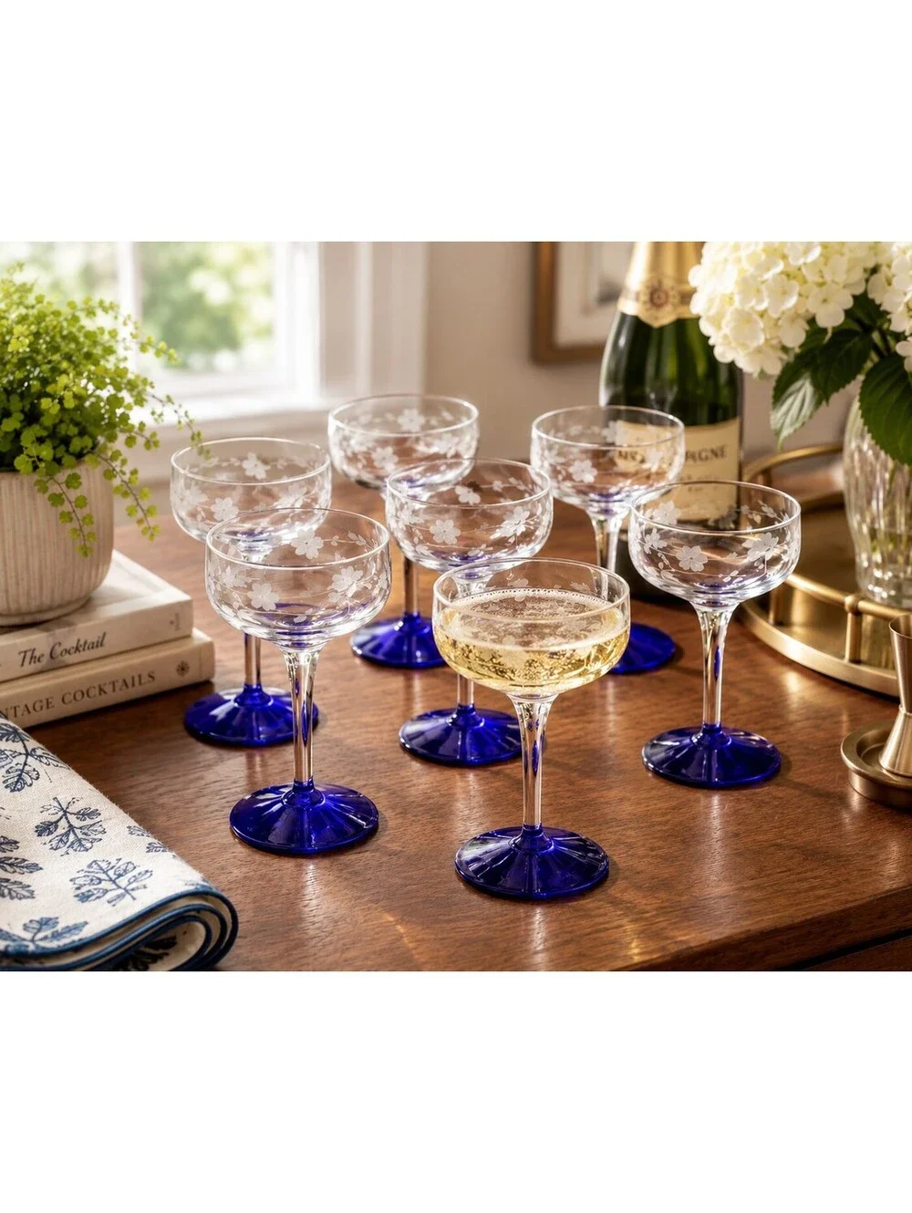 Vintage MCM Set 7 Etched Coupe Glasses Cobalt Blue Stem Floral Barware